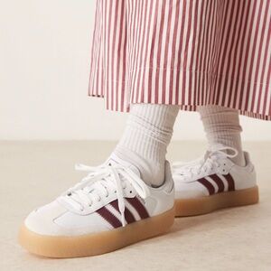 adidas White Sneakers with Maroon Stripes and Gum Sole — Clean Retro Style